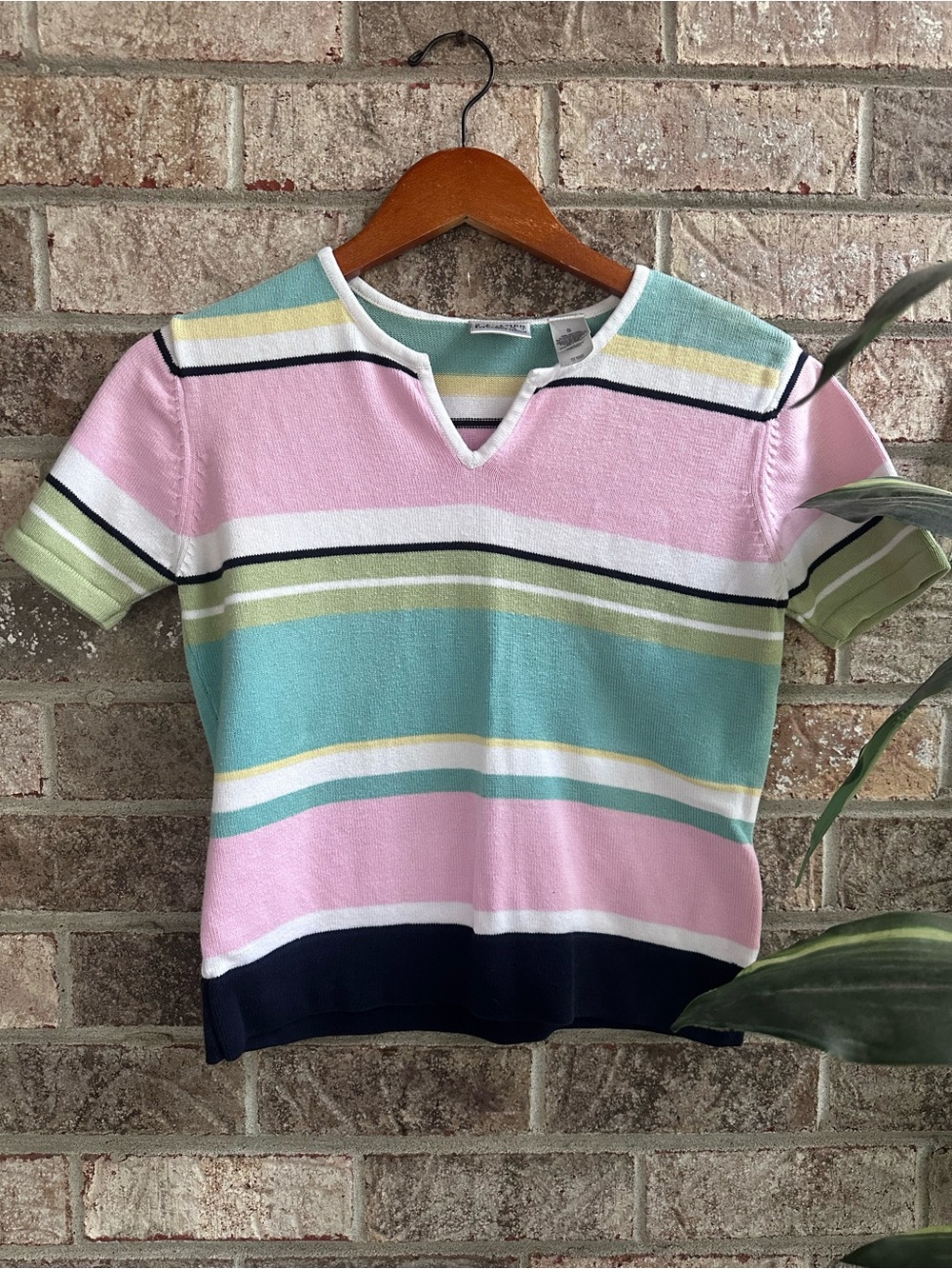Vintage Striped Pastel V-Neck Knit Short Sleeve Sweater Top Pink, Mint & Navy SM